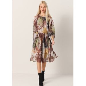 Victorio & Lucchino, V&Lvoor vrouwen. 3628764 Vloeiende midi-jurk met bruine print (XS), Casual, Veelkleurig, Polyester, Lange mouwen