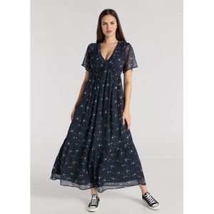 Lois Jeansvoor vrouwen. 448342705 Midi-jurk met korte mouwen en elastiek op de borst met marine bloemenprint (XS), Casual, Polyester, Marine
