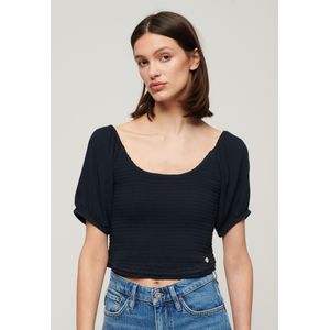 Superdryvoor vrouwen. W6011857A Marine gebreid T-shirt met ruches (XXS), Casual, Viscose, Korte mouwen, Marineblauw