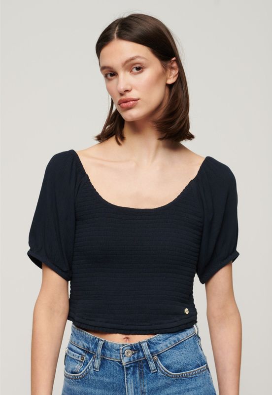 Superdryvoor vrouwen. W6011857A Marine gebreid T-shirt met ruches (XXS), Casual, Viscose, Korte mouwen, Marineblauw