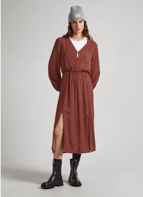 Pepe Jeans - PL953419 - Midi-jurk - Granaatappel - Viscose - Lange Mouwen