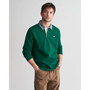 Gantvoor mannen. 2004082 Groen chambray poloshirt (3XL), Casual, Katoen, Lange mouwen