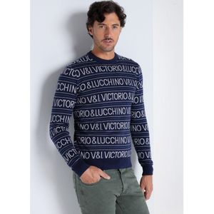 Victorio & Lucchino, V&Lvoor mannen. 4636588 Trui Navy tekst (S), Casual, Katoen, Lange mouwen, Marineblauw
