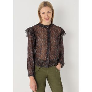 Lois Jeansvoor vrouwen. 431652542 Bedrukte blouse met ruches op de schouders nego (XS), Zwart, Casual, Polyester, Lange mouwen