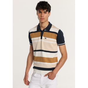Lois Jeansvoor mannen. 132443866 Gebreide polo met korte mouwen en veelkleurige horizontale strepen (XXL), Bruin, Casual, Katoen