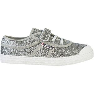 Kawasakivoor meisjes. K202586 Zilveren Glitter Sneakers (35), Stof, Plat, Klittenband, Casual, kinderkleding