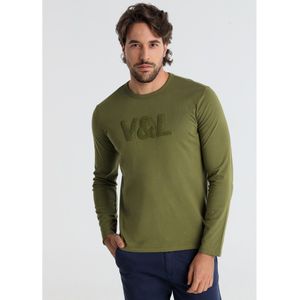 Victorio & Lucchino, V&Lvoor mannen. 650167078 T-shirt met lange mouwen en blauw chenille logo (S), Casual, Katoen