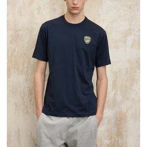 Blauervoor mannen. 25SBLUH02194 Logo T-shirt Gommatofaxon marine (M), Casual, Katoen, Korte mouwen, Marineblauw