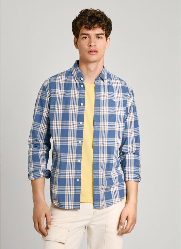 Pepe Jeans - Casual Shirt - Blauw - Biologisch Katoen - Lange Mouwen - Ruitjesprint