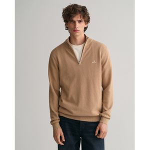 Gantvoor mannen. 8040523 Katoenen piqué trui met halve rits beige (XXL), Casual, Lange mouwen