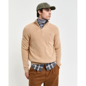 Gantvoor mannen. 8050212 Trui met halve rits in beige geribbeld katoen en wol (L), Casual