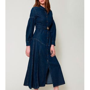 Twinsetvoor vrouwen. 251TP2020 Lange spijkerjurk met marine riem (40), Casual, Katoen, Lange mouwen, Marineblauw
