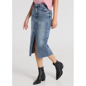 Lois Jeansvoor vrouwen. 411582644 Tejana midirok hoge taille met split voor met blauwe klinknagels (26), Casual, Katoen, Denim