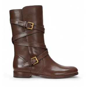 Lauren Ralph Lauren - Briannah - Leren Kuitlaarzen - Bruin - Plat - Gesp