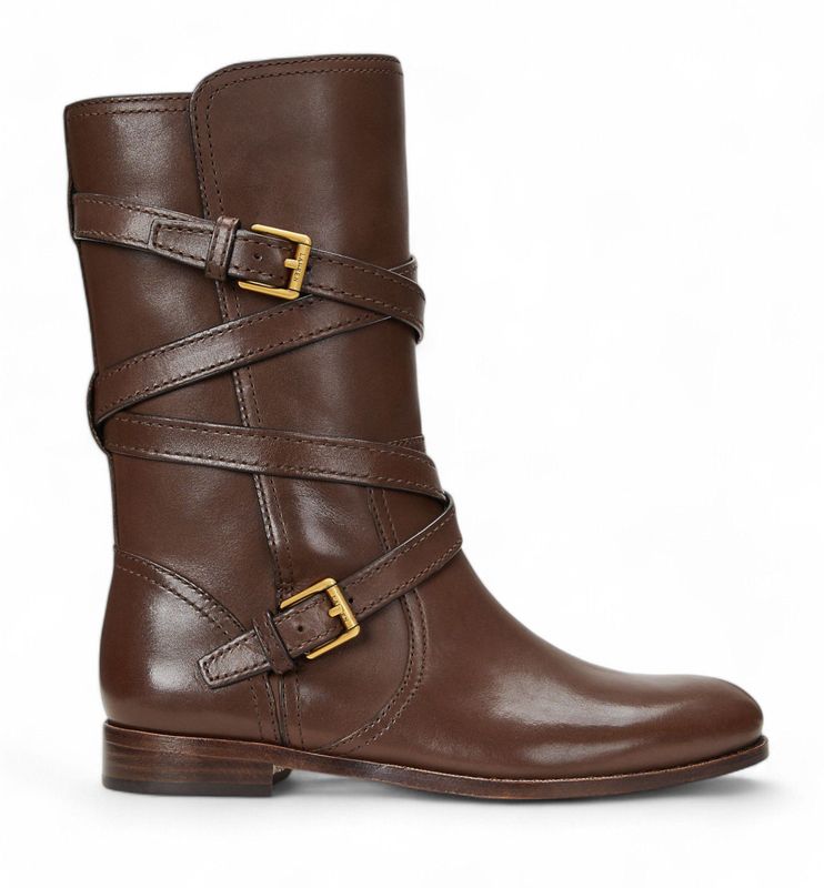 Lauren Ralph Lauren - Briannah - Leren Kuitlaarzen - Bruin - Plat - Gesp