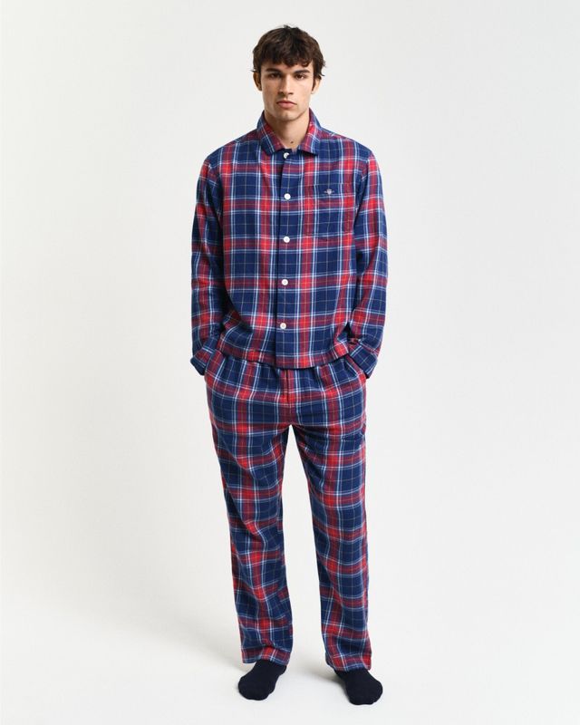 Gantvoor mannen. 902449100 Cadeauverpakking met flanellen pyjama met overhemd en broek rood, blauw (S), Homewear, Katoen, Lange mouwen