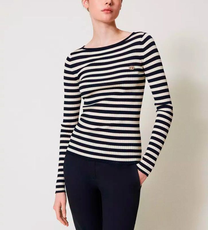 Gebreide Trui - Sneeuwstreep / Blauwe Nacht - Viscosemix - Slanke Pasvorm