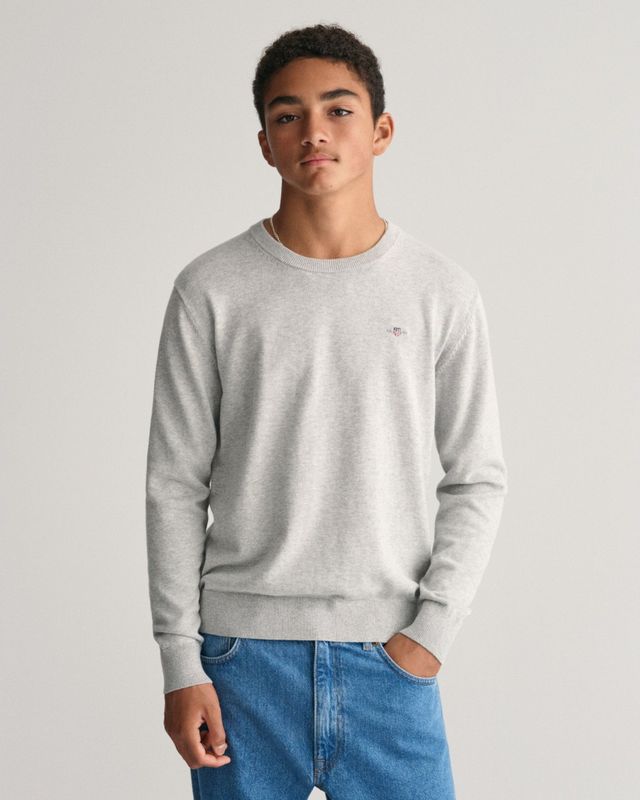 GANT - Teens Shield - Katoenen Trui - Grijs - Ronde Hals - Lange Mouwen