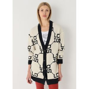 Lois Jeansvoor vrouwen. 453042587 Lang beige gebreid vest met knopen (S), Casual, Acryl