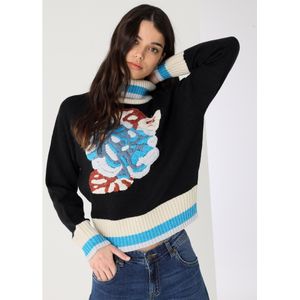 Lois Jeansvoor vrouwen. 452942528 Zwarte gebreide jacquardtrui met bloem (S), Casual, Acryl