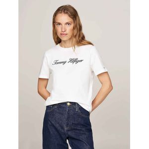 Tommy Hilfigervoor vrouwen. WW0WW43459 T-shirt met wit logo (3XL), Casual, Korte mouwen, Biologisch katoen, Duurzaam