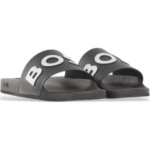BOSSvoor mannen. 50471271 Slippers met reliëflogo Zwart (36), Plat, Geen, Casual, Strandkleding