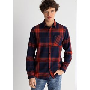 Lois Jeansvoor mannen. 145553960 Geruit overhemd met lange mouwen en marinezak (S), Casual, Katoen, Marineblauw