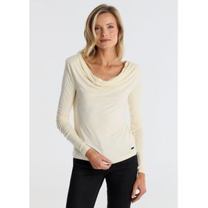 Victorio & Lucchino, V&Lvoor vrouwen. 320218078 Beige T-shirt met gedrapeerde kraag en schoudervullingen (S), Casual, Viscose, Lange mouwen