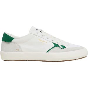 Pepe Jeansvoor mannen. PMS31038 Travis Brit Off-White Leren Sneakers (45), Leer, Wit, Plat, Veters, Casual, Duurzaam