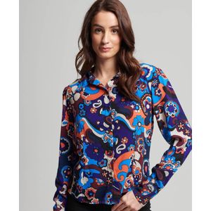 Superdryvoor vrouwen. W6011747A 70's blauw geprint slim fit overhemd (XS), Casual, Viscose, Lange mouwen