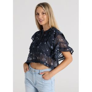 Lois Jeansvoor vrouwen. 431812705 Top met ruches en marinebloemenprint met korte mouwen (S), Casual, Polyester, Marineblauw