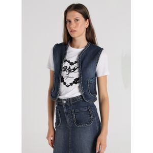 Victorio & Lucchino, V&Lvoor vrouwen. 370098115 Denim gilet met plastron zak, gevlochten detail op de zakken blauw (XS), Casual, Katoen