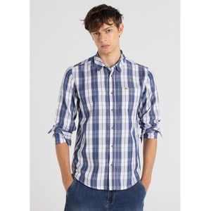 Lois Jeansvoor mannen. 145593026 Overhemd met lange mouwen Plaid print met blauwe borstzak (S), Casual, Katoen