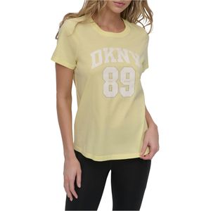 Dkny Arched 89 Distressed Rhinestone Logo T-shirt Met Korte Mouwen Geel L Vrouw