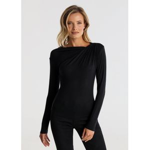 Victorio & Lucchino, V&Lvoor vrouwen. 320178054 T-shirt met blauwe gedrapeerde kraag (XS), Casual, Viscose, Lange mouwen