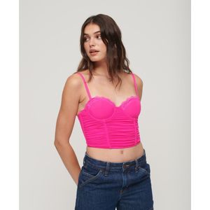 Superdryvoor vrouwen. W6011801A Korte korsettop van roze mesh met ruches (XS), Casual, Polyester, Mouwloos / spaghettibandjes