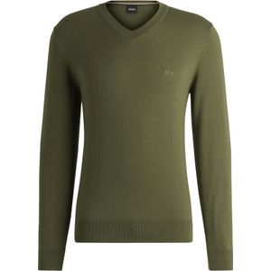 BOSS Pacello regular fit trui katoen, heren trui middeldik V-hals, olijfgroen