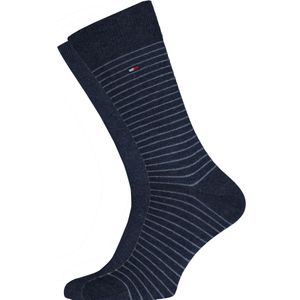 Tommy Hilfiger Small Stripe Socks (2-pack), herensokken katoen, uni en gestreept, jeans blauw -  Maat: 43-46