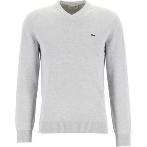 Lacoste trui katoen V-hals, gebreide heren trui, lichtgrijs melange