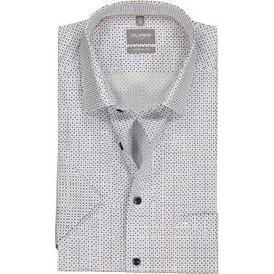 OLYMP comfort fit overhemd, korte mouw, popeline, wit met blauw en beige blokjes dessin 45
