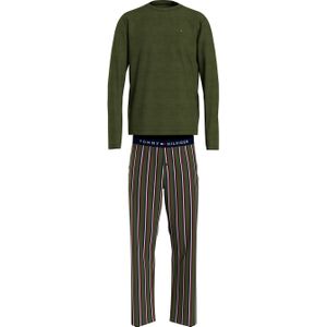 Tommy Hilfiger heren pyjama O-hals, woven set, olijfgroen met gestreepte broek - Maat: S