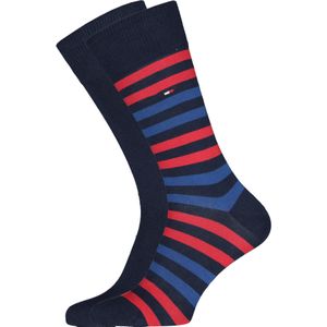Tommy Hilfiger Duo Stripe Socks (2-pack), herensokken katoen, gestreept en uni, blauw en rood -  Maat: 43-46