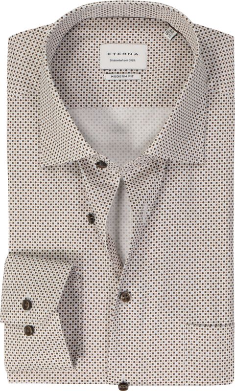 ETERNA - Modern Fit - Overhemd - Wit met Bruin - Beige en Lichtblauw Dessin - Strijkvrij