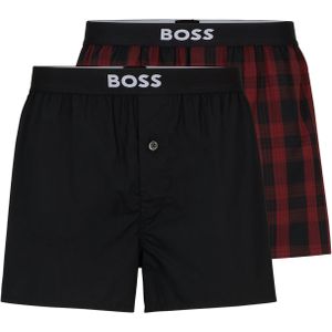 HUGO BOSS boxershorts woven (2-pack), heren boxers wijd model, zwart en donkerrood geruit -  Maat: S