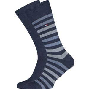 Tommy Hilfiger Duo Stripe Socks (2-pack), herensokken katoen, gestreept en uni, jeans blauw -  Maat: 39-42