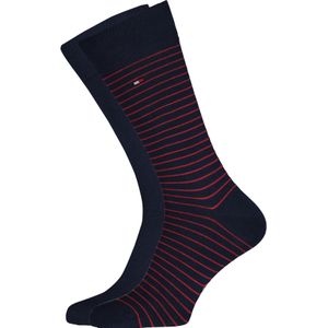 Tommy Hilfiger Small Stripe Socks (2-pack), herensokken katoen, uni en gestreept, blauw en rood -  Maat: 47-49