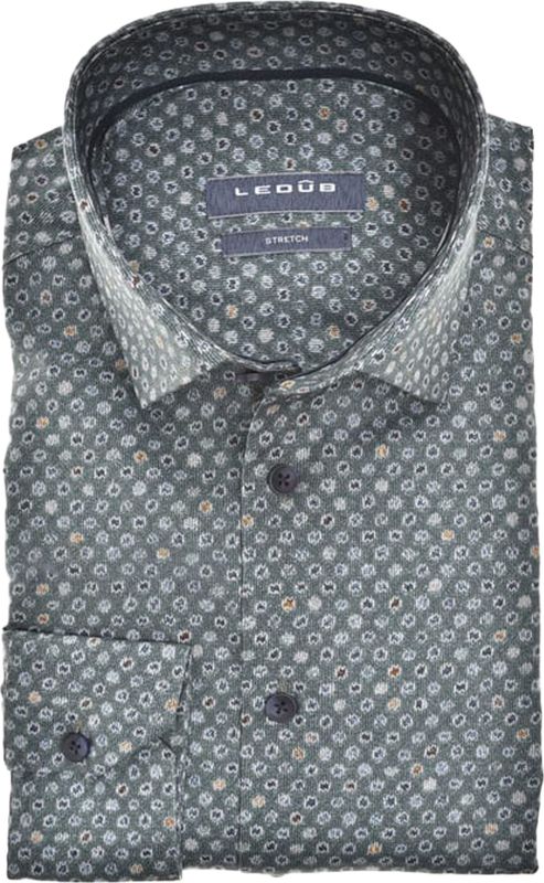 Ledub modern fit overhemd - mouwlengte 72 cm - popeline - donkergroen dessin - Strijkvriendelijk - Boordmaat: 38