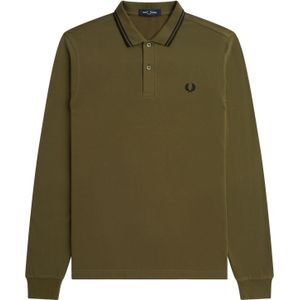 Fred Perry M3636 long sleeved twin tipped shirt, heren polo lange mouwen, Uniform Green / Black -  Maat: L