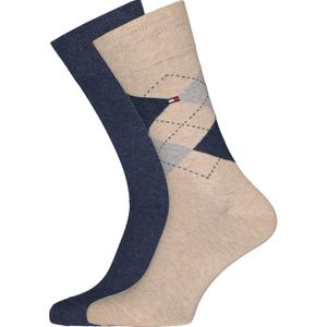 Tommy Hilfiger Check Socks (2-pack), herensokken katoen, geruit en uni, beige met jeansblauw -  Maat: 47-49