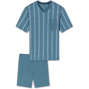 SCHIESSER Comfort Nightwear pyjamaset, heren pyjama short organic cotton V-hals borstzak blauw-grijs geruit -  Maat: 3XL